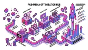 A 3D isometric illustration of WebsiteAbility's Paid Media management process. Three distinct input streams—representing Google Ads, Paid Social, and Ecommerce PPC—flow into a central optimization engine. The refined data exits the engine and powers a launching rocket and rising bar charts, symbolizing the transformation of ad spend into qualified pipeline and profitable revenue growth.