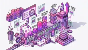 A 3D isometric illustration representing WebsiteAbility's Paid Search Audit process. On the left, fragmented blocks are discarded into a "Wasted Spend" bin. The core pipeline features a "Technical Diagnostic Layer" assessing "Site Speed," "Indexation," and "Core Web Vitals," transforming a "bloated" setup into a "clean" one. The system outputs a "30-Day Prioritized Fix Plan," which fuels a launching rocket symbolizing "Qualified Demand & Leads.