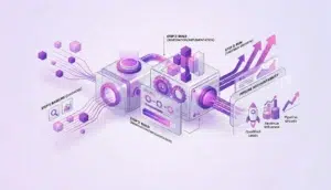 A 3D isometric illustration representing WebsiteAbility's three-step service methodology. Abstract data blocks flow into a central processing engine labeled "Step 1: Baseline (Diagnose)" and "Step 2: Build (Remediation/Implementation)". The output side features upward-pointing arrows labeled "Step 3: Run (Ongoing Growth)" and a transparent "Pipeline Accountability" dashboard displaying icons for Qualified Leads, Revenue Influence, and Pipeline Growth.