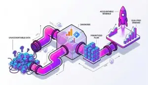 A 3D isometric diagram illustrating a Measurement Audit data pipeline. On the left, a messy cluster of blocks and wires labeled "UNACCOUNTABLE DATA" flows through a neon pink and purple conduit. The data enters a central transparent "DIAGNOSIS" engine containing analytics symbols, then outputs as a neat stack of cubes labeled "PRIORITIZED PLAN." The pipeline culminates at an outcome platform featuring upward-trending bar charts for "QUALIFIED DEMAND" and a launching rocket representing "ACCOUNTABLE REVENUE."